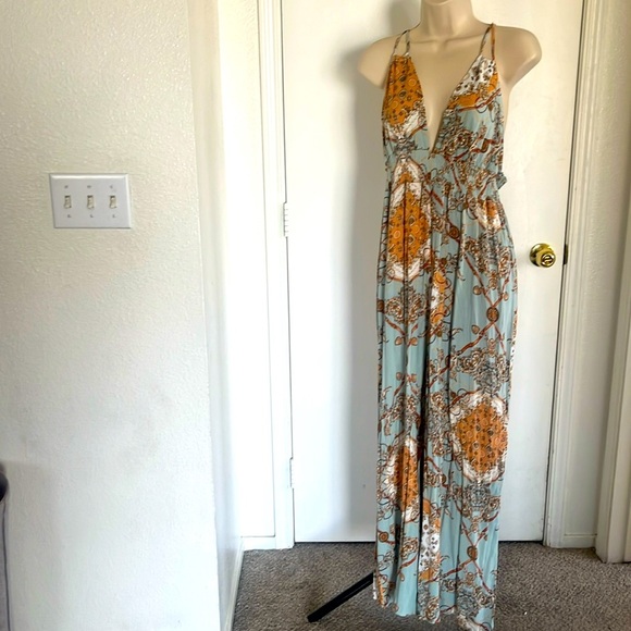 Boho Style Blue and Orange Rayon Jumpsuit NWT - Picture 1 of 5